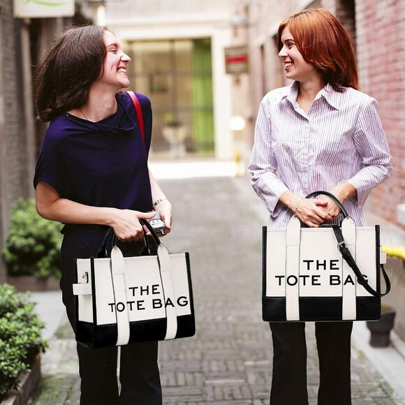 Women Pu-black & White Personalized Canvas With Zipper Top-handle Tote Handbag - Picture 2 of 6